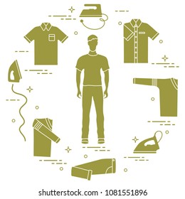 Silhouette of a man, irons and different clothes. Design for banner and print.