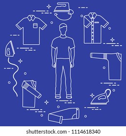 Silhouette of a man, irons and different clothes. Design for banner and print.