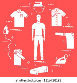 Silhouette of a man, irons and different clothes. Design for banner and print.