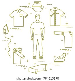 Silhouette of a man, irons and different clothes. Design for banner and print.