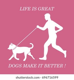 Silhouette of man jogging with dog on leash. Design element for postcard, banner, flyer.
