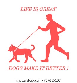 Silhouette of man jogging with dog on leash. Design element for postcard, banner, flyer.