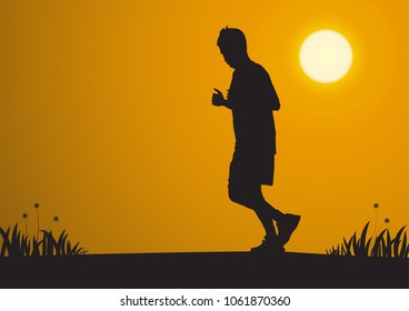 Silhouette of man jogging during sunrise, vector illustration