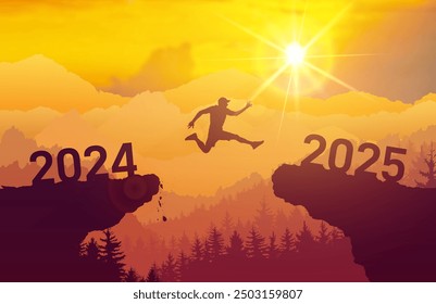 Silhouette man jump between 2024 and 2025 years with sunset background. Success new year concept. Vector illustration 2025 years while celebrating new year, happy victory and success concept.
