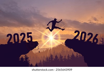 Silhouette man jump between 2025 and 2026 years with sunset background. Success new year concept. Vector illustration 2026 years while celebrating new year, happy victory and success concept.