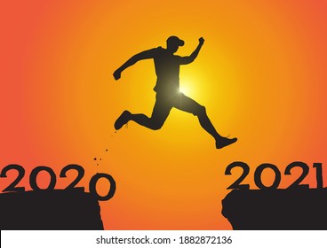 Silhouette of man jumping from 2020 to 2021 on sunrise background, successful new year concept vector illustration