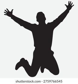 Silhouette of a man jumping with arms raised in celebration against a light gray background vector