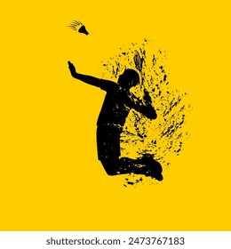 silhouette of man jumping doing a hard badminton smash vector illustration