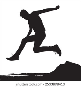 Silhouette of a man jumping energetically against a white background.