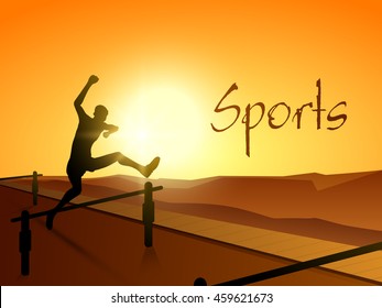 Silhouette of a man jumping hurdle on shiny background for Sports concept.