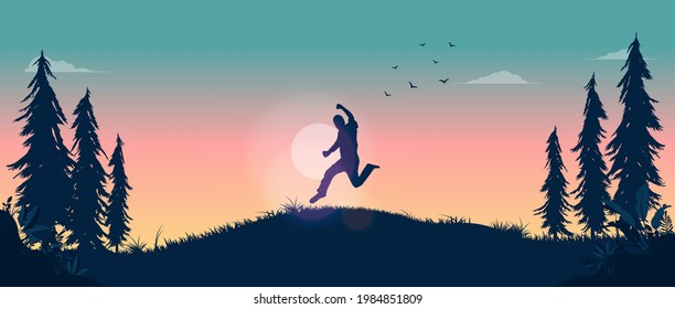 Silhouette of man jumping in landscape - Person in mid air with hand raised celebrating life and nature. Happiness and personal triumph concept. Panorama vector illustration.