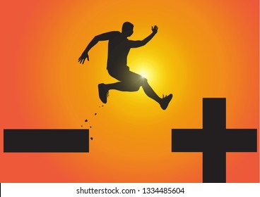 Silhouette of man jumping from minus sign to plus sign on golden sunrise background, pessimistic to optimistic concept vector illustration