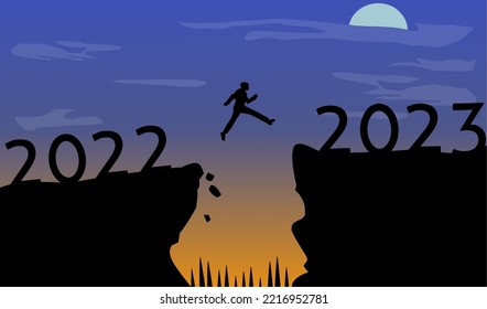 Silhouette of man jumping on cliff 2022 to cliff 2023 as moon appears on amazing night. New Year's concept. Symbol of starting and welcoming the new year 2023. People entering the year 2023, creative 