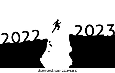 Silhouette of man jumping on cliff 2022 to cliff 2023. Symbol of starting and welcoming new year 2023. People entering year 2023, creative idea