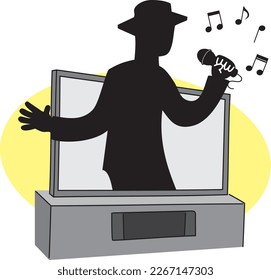 A silhouette of a man jumping out of the TV screen and singing a song