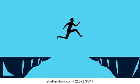 Silhouette of a man jumping over a cliff gap. business concept vector 