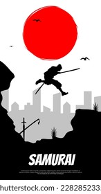 A silhouette of a man jumping over a cliff with a red moon behind him. urban samurai ran with two swords. samurai running to attack. samurai wallpaper for phone.