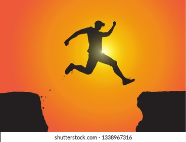 Silhouette of man jumping over the cliffs on golden sunrise background, achievement, success and winning concept vector illustration