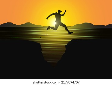 Silhouette of man jumping over the cliffs on sunrise background, achievement business concept vector illustration