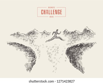Silhouette of a man jumping over the gap. Concept vector illustration, sketch