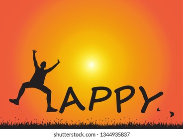 Silhouette of man jumping over meadow on golden sunrise background, happy lifestyle concept
