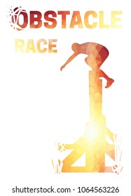 Silhouette of a man jumping over the wall. Obstacle race symbol.  Low polygonal style. Vector illustration.