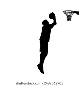 silhouette of man jumping to put the ball in the hoop vector