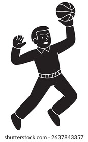 Silhouette of a man jumping to shoot a basketball with one arm raised