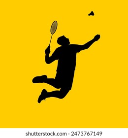 silhouette of man jumping to smash badminton shuttlecock vector illustration