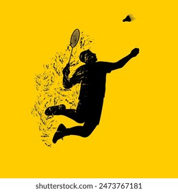 silhouette of man jumping to smash badminton shuttlecock full force vector illustration