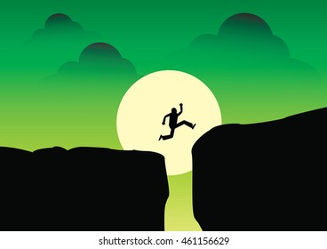 Silhouette Man jumps on a mountain top.