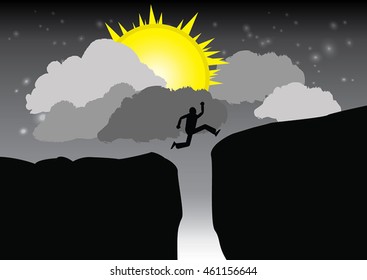 Silhouette Man jumps on a mountain top.