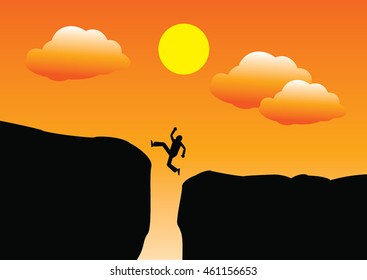 Silhouette Man jumps on a mountain top.
