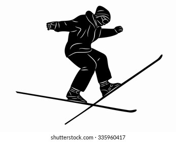 silhouette man jumps on ski, black and white illustration, white background