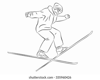 silhouette man jumps on ski, black and white illustration, white background