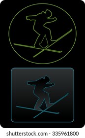 silhouette man jumps on ski, light illustration, black background