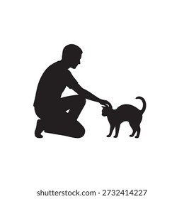 Silhouette of a man kneeling down and gently petting a cat with a simple and clean design