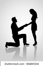 Silhouette of a man kneeling down and holding the hand of a standing woman.
