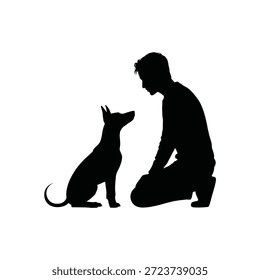 Silueta de un hombre arrodillado al lado de un perro sentado