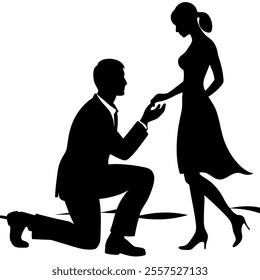 Silhouette of a man kneeling down in a romantic pose, perfect for wedding, engagement, or proposal-themed vector illustrations. Clean and modern design ideal for creative projects.