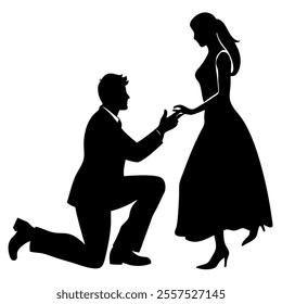 Silhouette of a man kneeling down in a romantic pose, perfect for wedding, engagement, or proposal-themed vector illustrations. Clean and modern design ideal for creative projects.