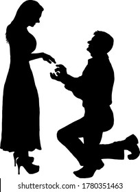 Silhouette of a man kneeling on his knees while proposing to a woman for her hand in marriage. Vector illustration.