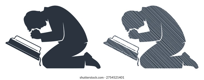 Silhouette of man kneeling and praying next to sacred book. spiritual illustration. devotion.