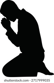 Silhouette of man kneeling in pressed hands folded prayer position with fingers and fingertips against gray background. Praying hand palm human hand gesture