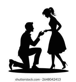 Silhouette of a Man Kneeling to Propose Marriage to a Woman - Engagement, Love, Romance, Couple, Relationship Vector