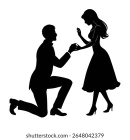 Silhueta de um homem ajoelhado para propor com uma mulher Reagindo - Engajamento, Romance, Amor, Casal, Relacionamento Vetor Arte