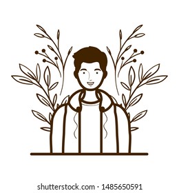 silhouette of man with landscape of branches and leaves of background