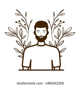 silhouette of man with landscape of branches and leaves of background