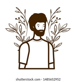 silhouette of man with landscape of branches and leaves of background