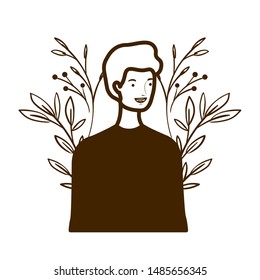 silhouette of man with landscape of branches and leaves of background